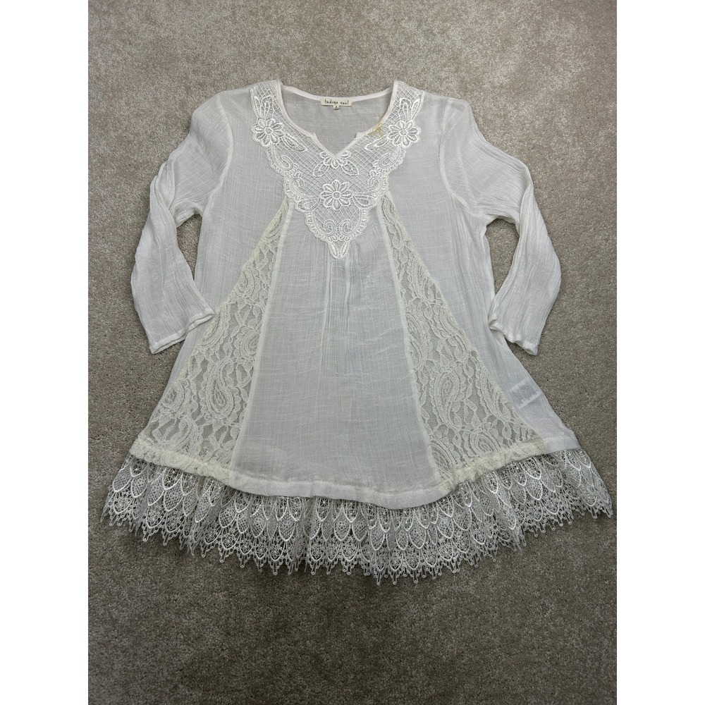 Indigo Soul Lace Trim Tunic Top Small White Boho Crochet Peasant Cottagecore